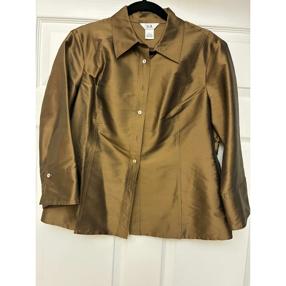 SLB Womens Large 100% Silk Bronze Brown Button Front‎ Blouse 3/4 Sleeve Top